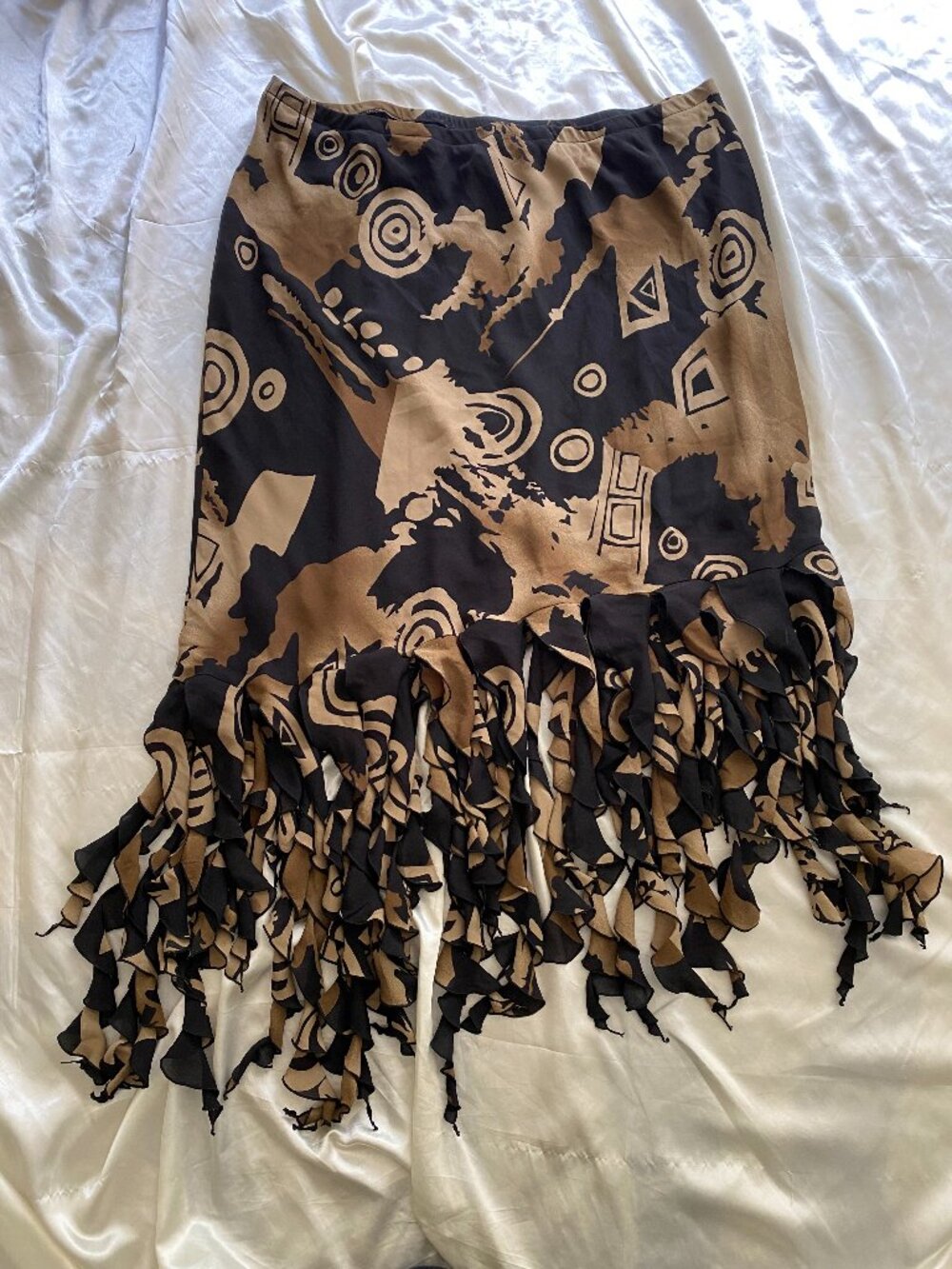 Vintage y2k Brown Black Asymmetrical Handkercheif Fringe Skirt Size 3X Boho